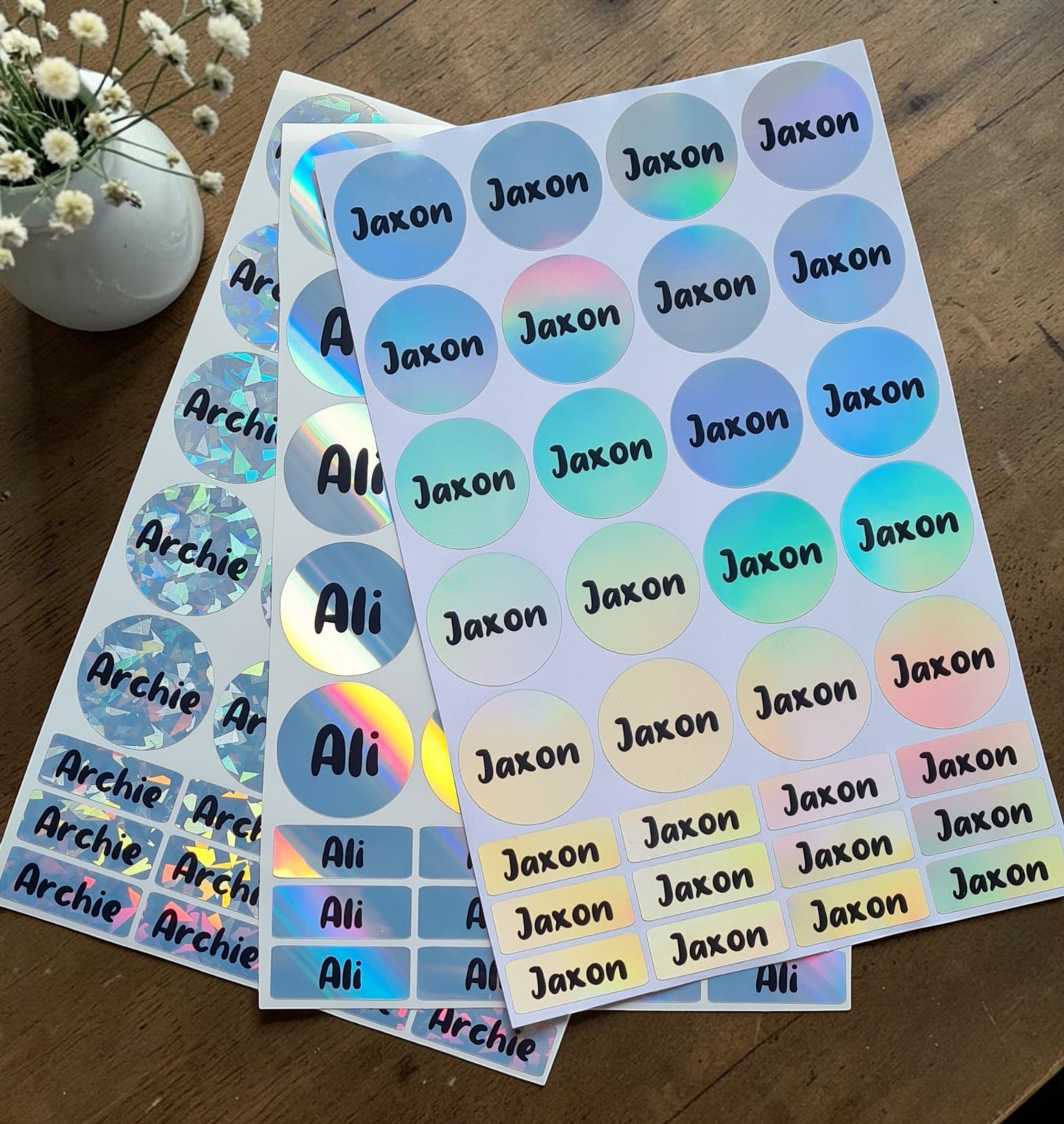 Holographic Name Stickers - (20xRound, 12xRectangle)