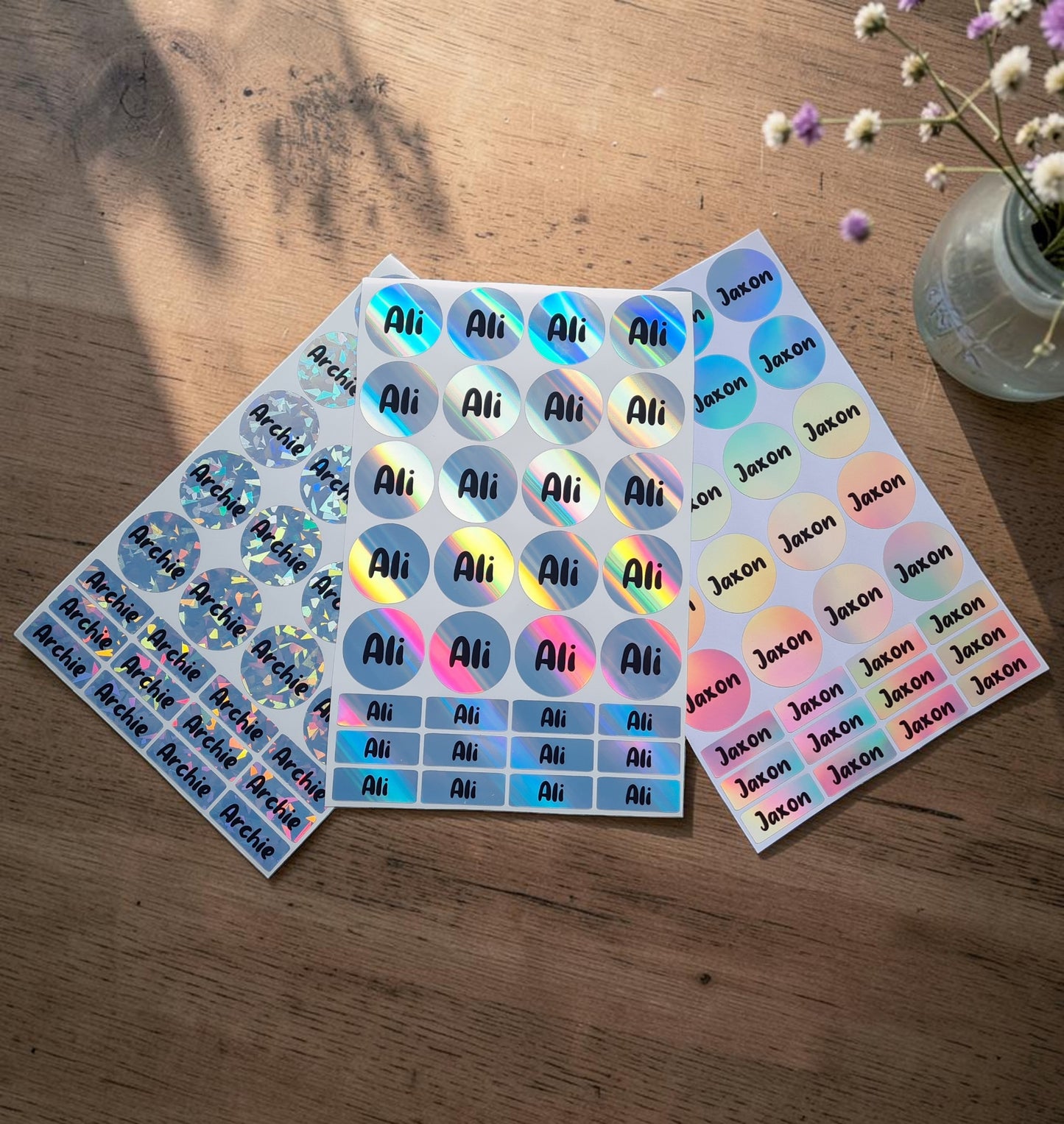 Holographic Name Stickers - (20xRound, 12xRectangle)