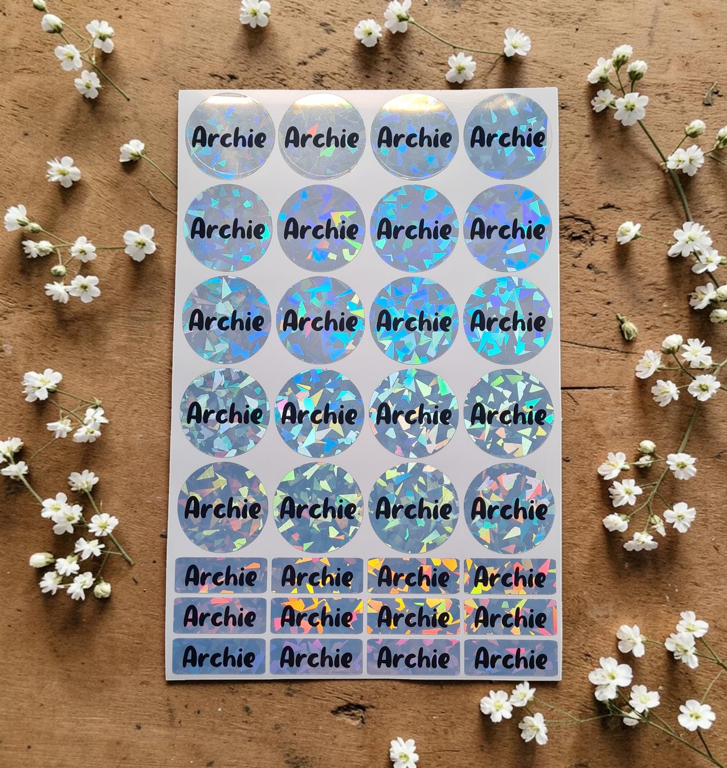 Holographic Name Stickers - (20xRound, 12xRectangle)